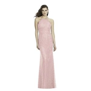 NWT Dessy Collection Blush Halter Criss Cross Open-Back Lace Gown 2995